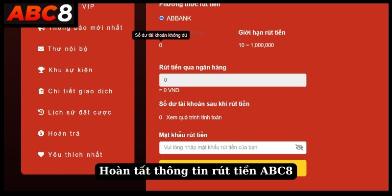 Hoàn tất thông tin rút tiền ABC8